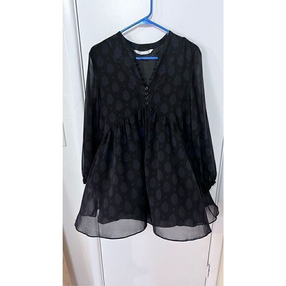 ZARA PRINTED BLACK CHIFFON SEMI SHEER DRESS WOMENS SIZE S - Picture 1 of 9